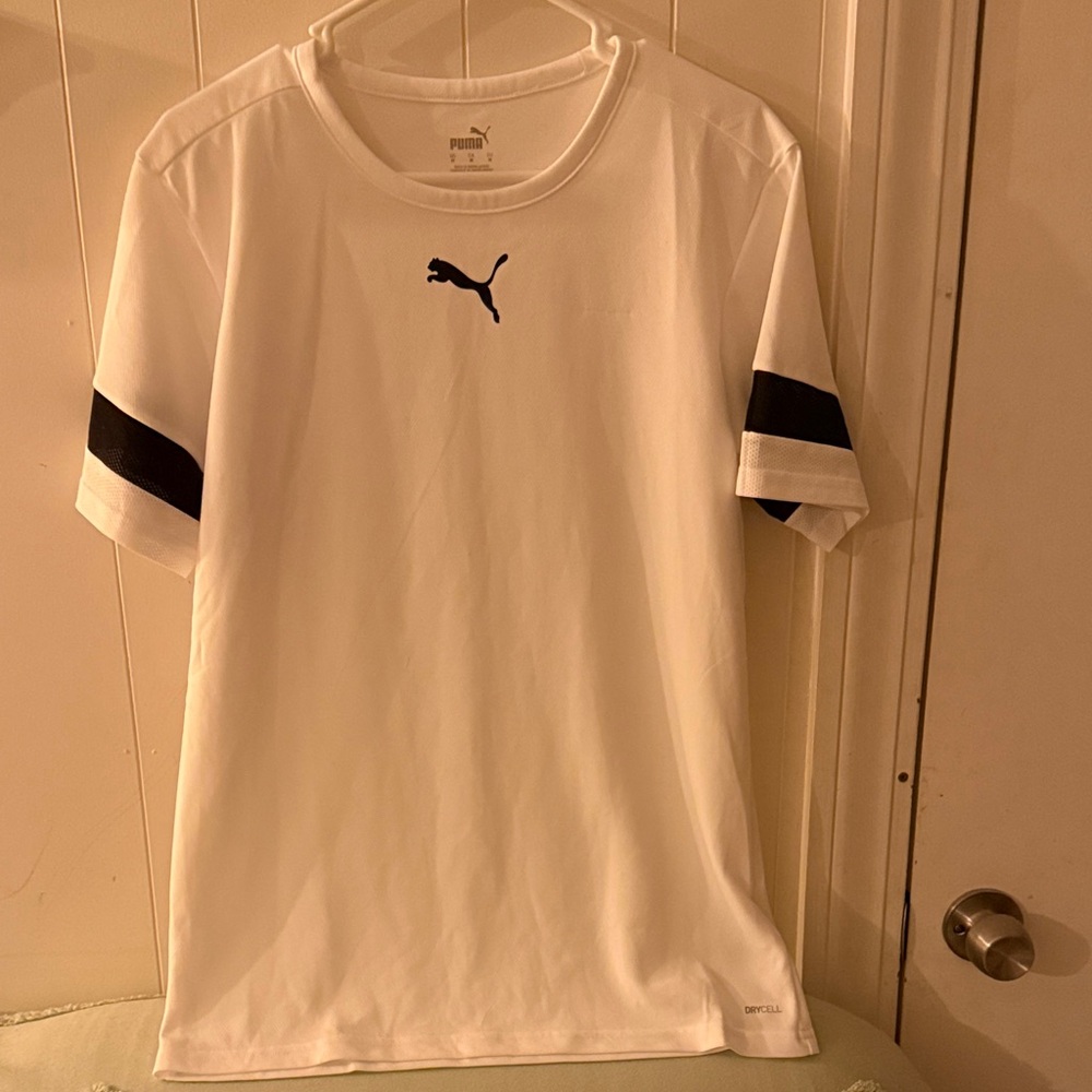 Puma White Short-Sleeve Athletic Tee with Black Sleeve Bands